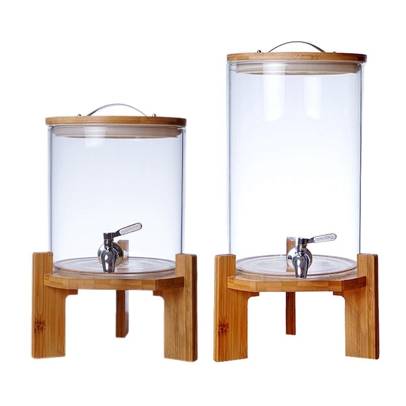 5L High Borosilicate Heat-resistant Glass Juice Barrel Alcohol Cold Drink Beverage Dispensers With Wooden Stand, Party Water Jug
