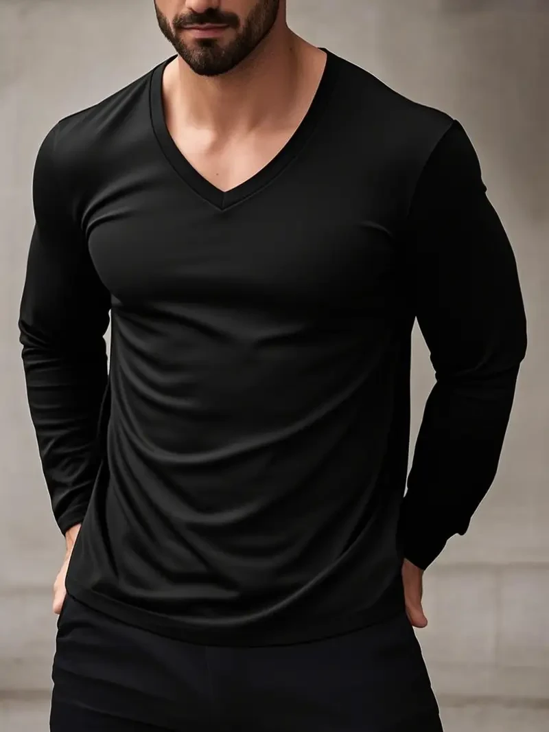 Suji & Sijidou Elastic Comfort Long Sleeve V-Neck T-Shirt - Solid Color Top for Men, Simple Spring/Autumn Style