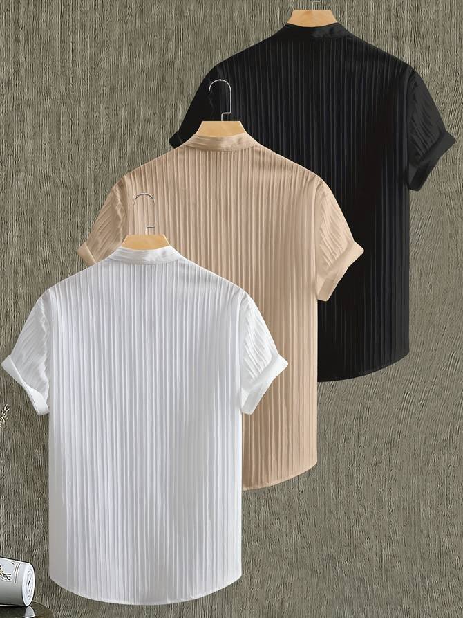 Men's Summer 3pcs Solid Color Short Sleeve Stand Collar Shirt, Breathable Comfort Fabric Button-Up Top, Casual Fashion Versatile Shirts for Casual Attire, Beach Vacation Set of 3