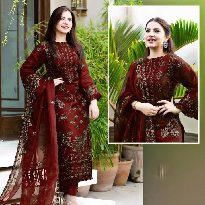 HS Fashion Store Crinkle Chiffon Embroidered Unstitched Maroon Party & Formal Wear 3 Piece Suit for Women