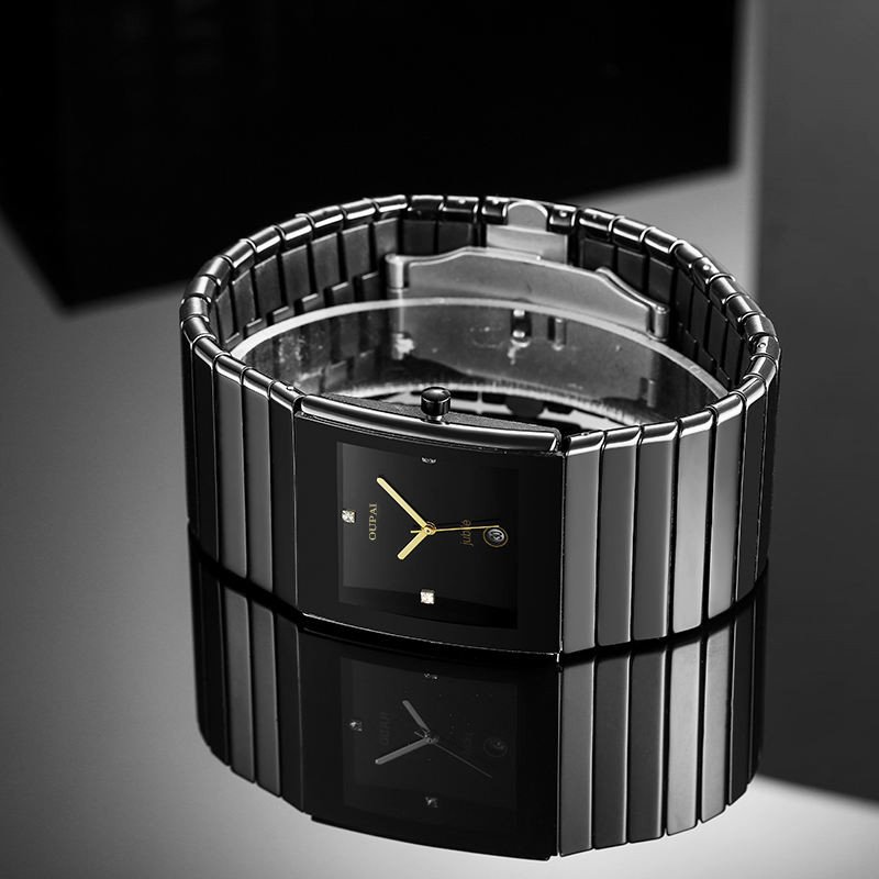 OUPAI Old Classic Rectangle Watch Quartz Golden Ceramic Square Wristwatch Man Waterproof Black Ceramic Jublie 34mm Wide