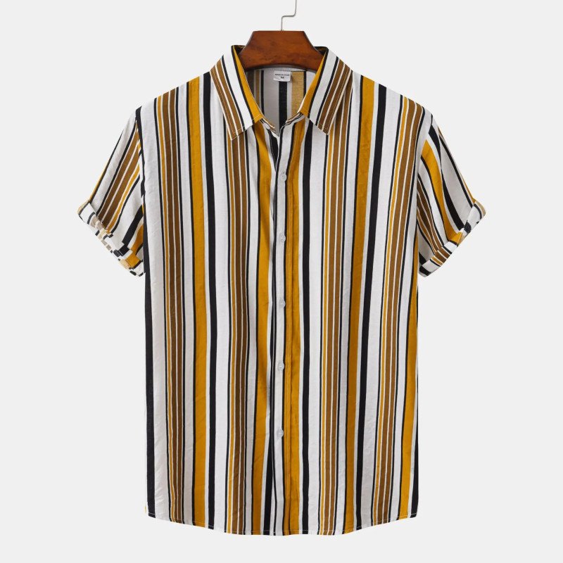 2024 New Men's Hawaiian Beach Shirts Casual Cotton Stripes Print Short Sleeve Breathable Sustainable Size XL Adults Turn-Down