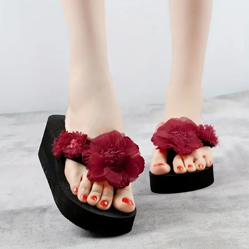 Women'S Floral Decor Wedge Sandals - Summer Beach Slip-On Shoes with Non-Slip EVA Sole, Comfortable Open Toe Design for Casual Wear, Strappy