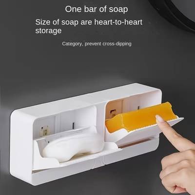 Wall-Mounted Soap Dish Holder with Drainage, Plastic Rectangle Soap Box with Lid, No-Drill Easy Install, Large Capacity, Multifunctional Soap and Laundry Detergent Storage Rack, Detachable and Easy to