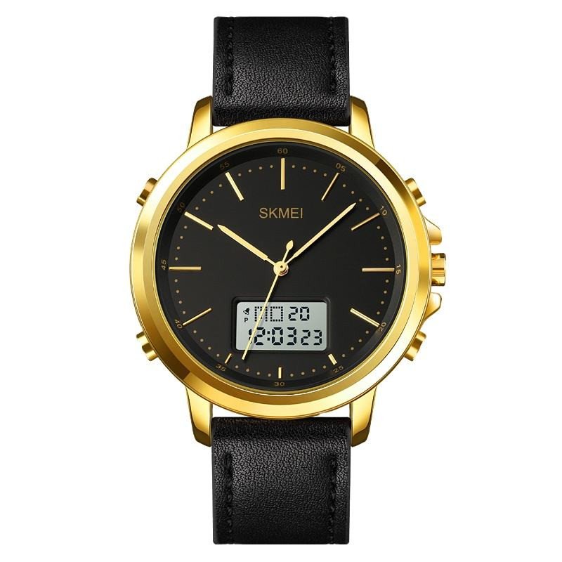 Skmei Fashion Brand Clock Mens Wristwatch Men Watches World Time Digital Dual Movement LED Leather Strap Male Reloj Hombre